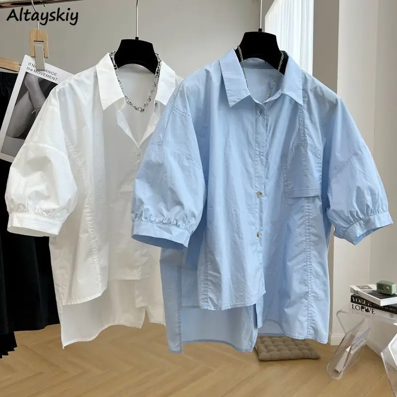 Irregular Short Sleeve Shirts Women Back-slit Design Trendy Summer Loose All-match Cute College Leisure Simple Ulzzang Female