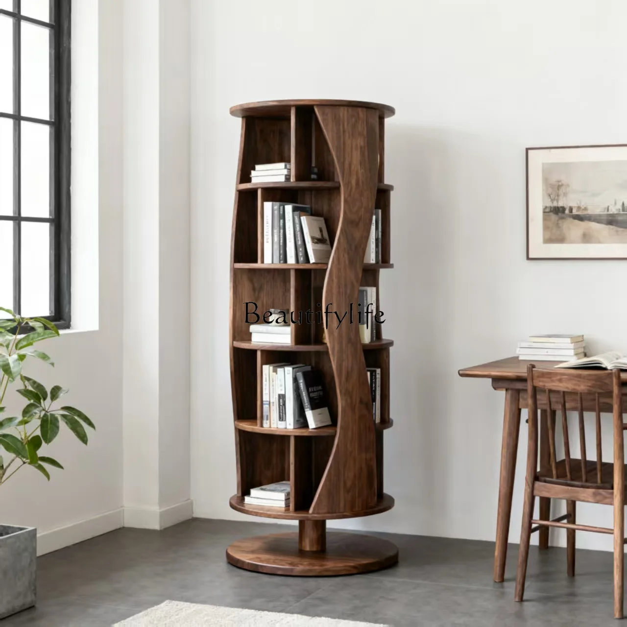North American black walnut solid wood rotating bookshelf round trapezoidal modern bookcase