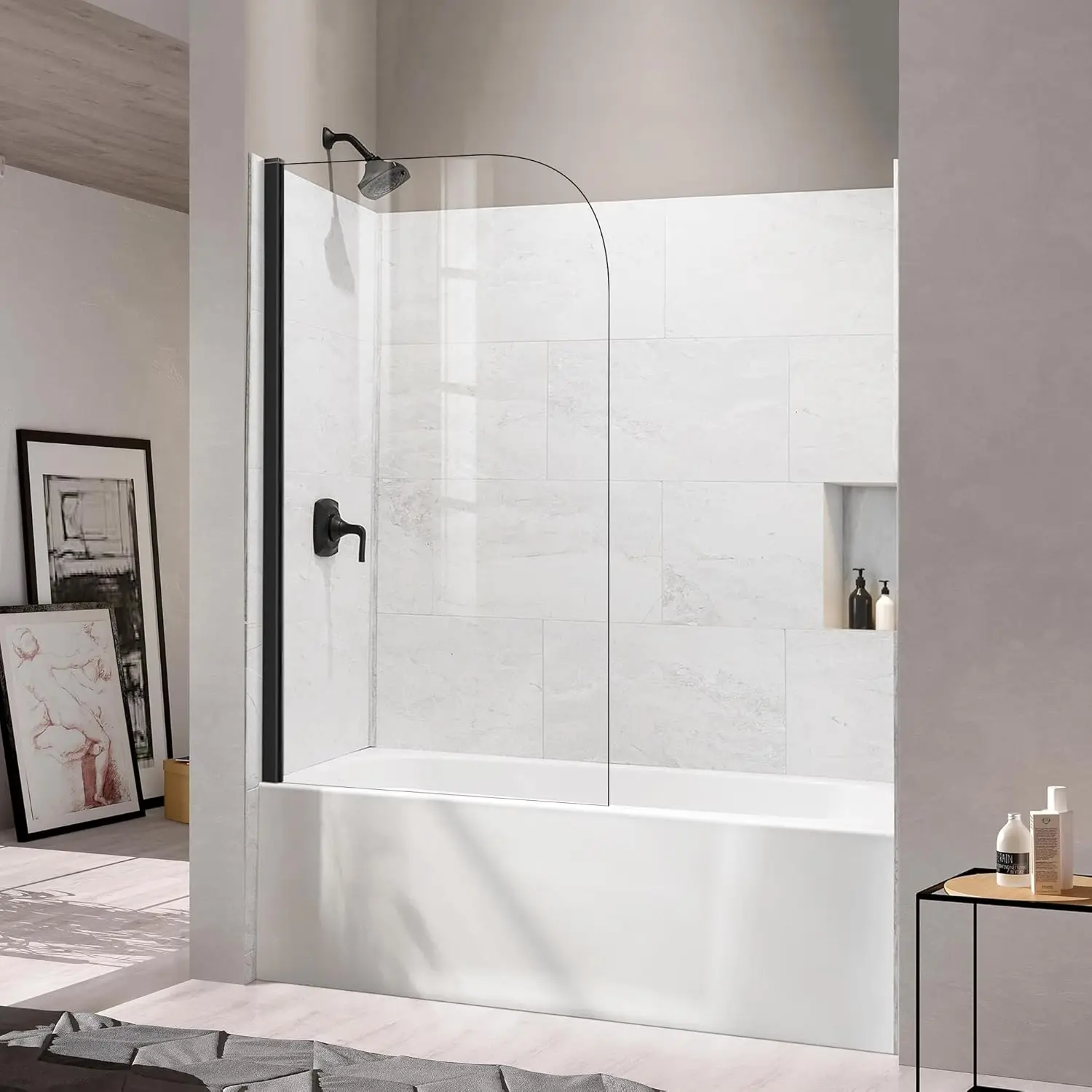 

30" W x 62" H Frameless Bathtub Shower Door Bathtub Glass Panel Half Shower Door 5/16" (8mm) Easy Clean Clear Tempered Glass Sin