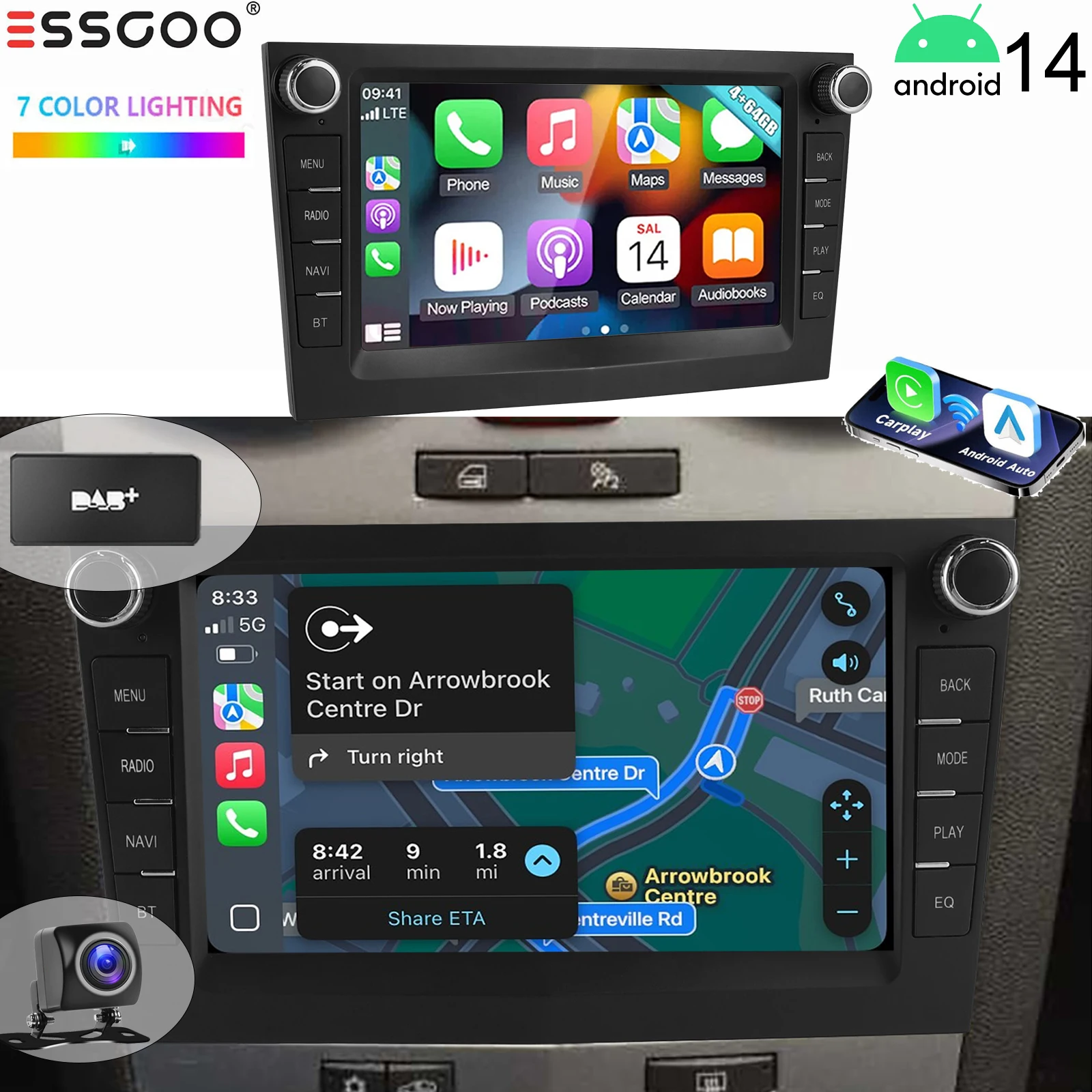 ESSGOO Black Carplay For Opel/Vauxhall Corsa D Astra H Zafira Android 14 GPS NAVI AI Voice Control 7” Car Stereo WIFI BT SWC RDS image 3