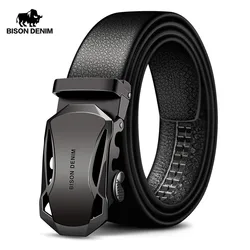 BISON DENIM Men's Belt Cow Leather Belts Brand Fashion Automatic Buckle Black Genuine Leather Belts for Men 3.4cm Width N71314