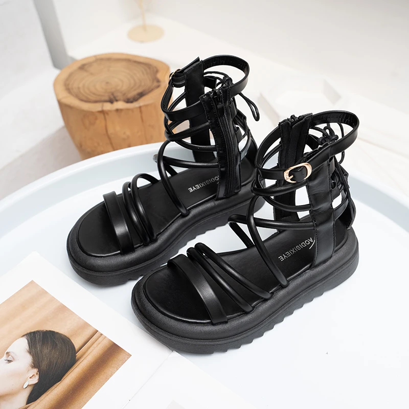 Platform Gladiator Sandals For Women\'S 2024 Summer Trend Black Cross Tie Design With Hollow Open Toe Casual High Top Roman Shoes