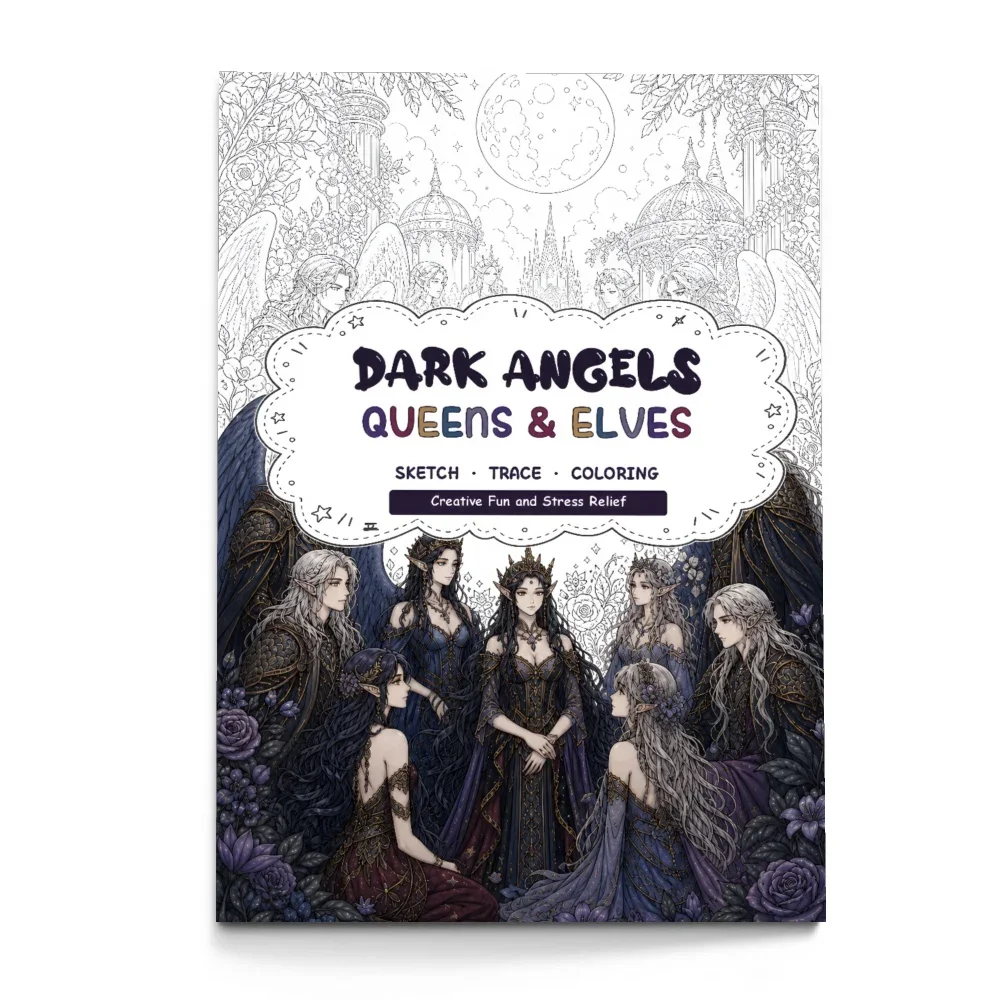 Dark Angel Queen Elf Manga Drawing Workbook, 48-Page Fantasy Character Line Art and Coloring Practice