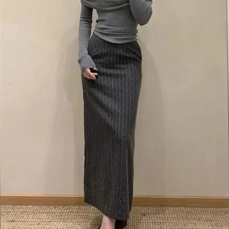 New Spring Autumn Striped Long Skirt Women Fashion Polka Dot Printed High Waist Elegant Split Pencil Skirts Office Lady Jupe