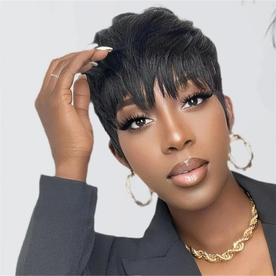 

Short Pixie Cut Wigs With Bangs Straight Human Hair Wigs For Women Machine Made Short Straight Human Hair Wigs
