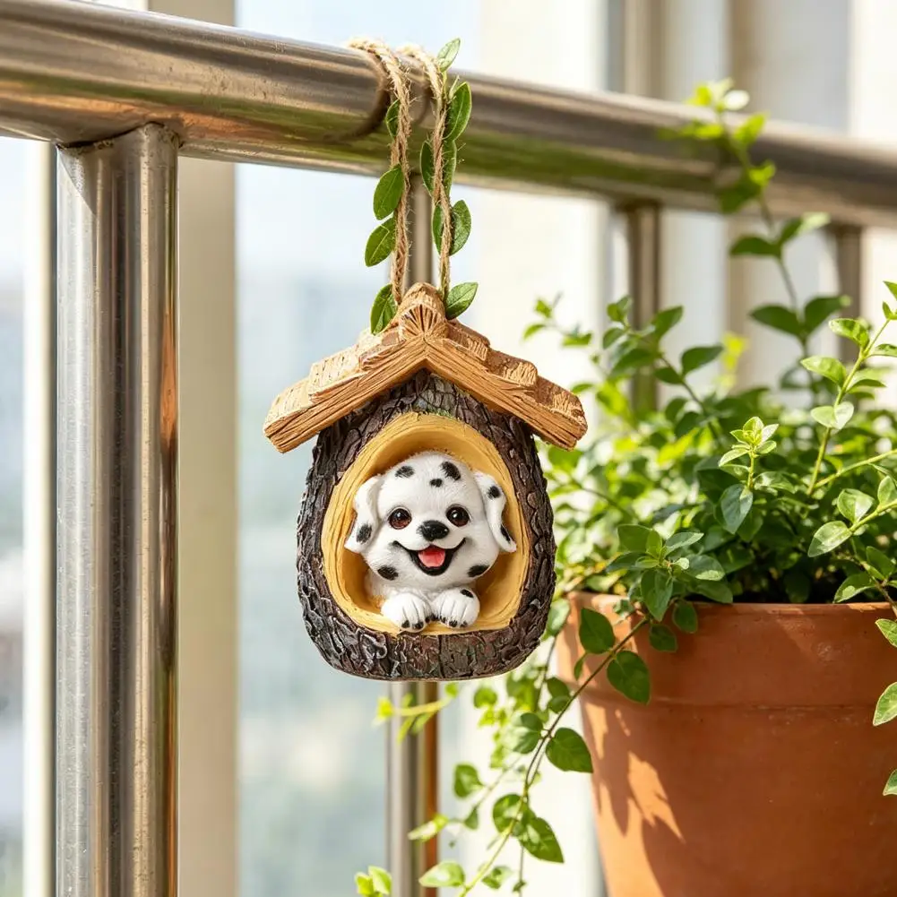 Wind Chime Dog Decor Small Cute Dog Statue Tree Stump House Ornament Outdoor Resin Puppy Decoration for Garden Balcony Courtyard