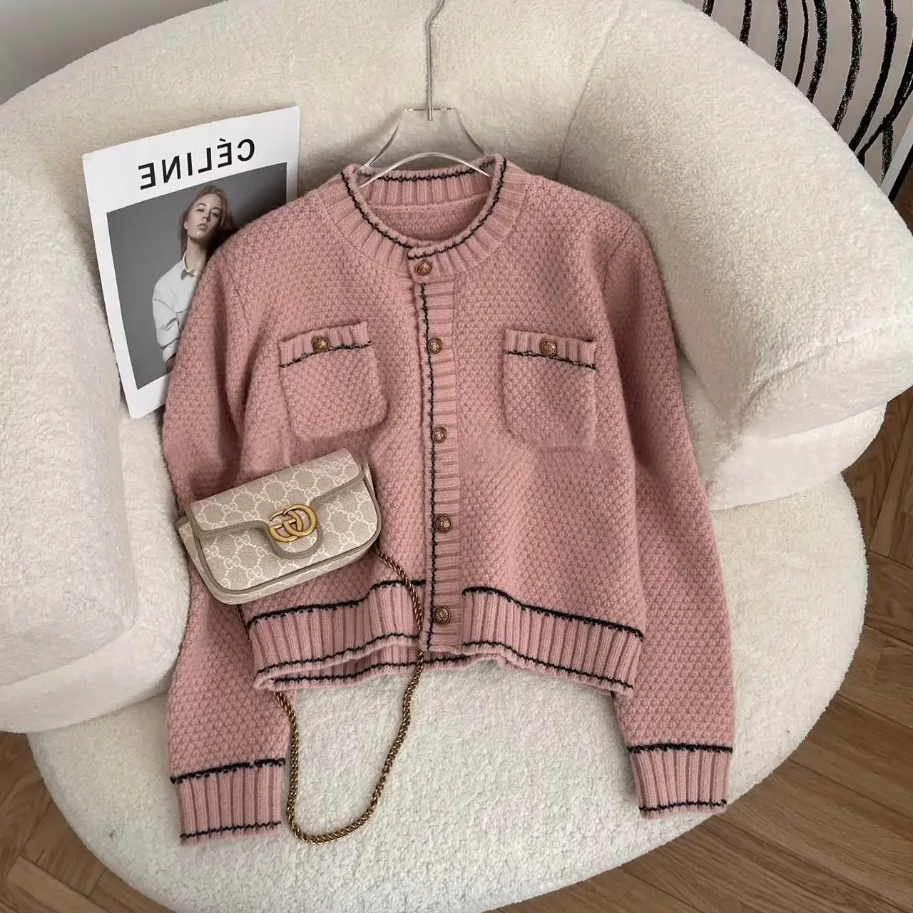 

Korean Fashion Pink Black Contrast Color Knitted Sweater Women 2023 Winter Long Sleeve Cardigan Female Jumpers Jackets
