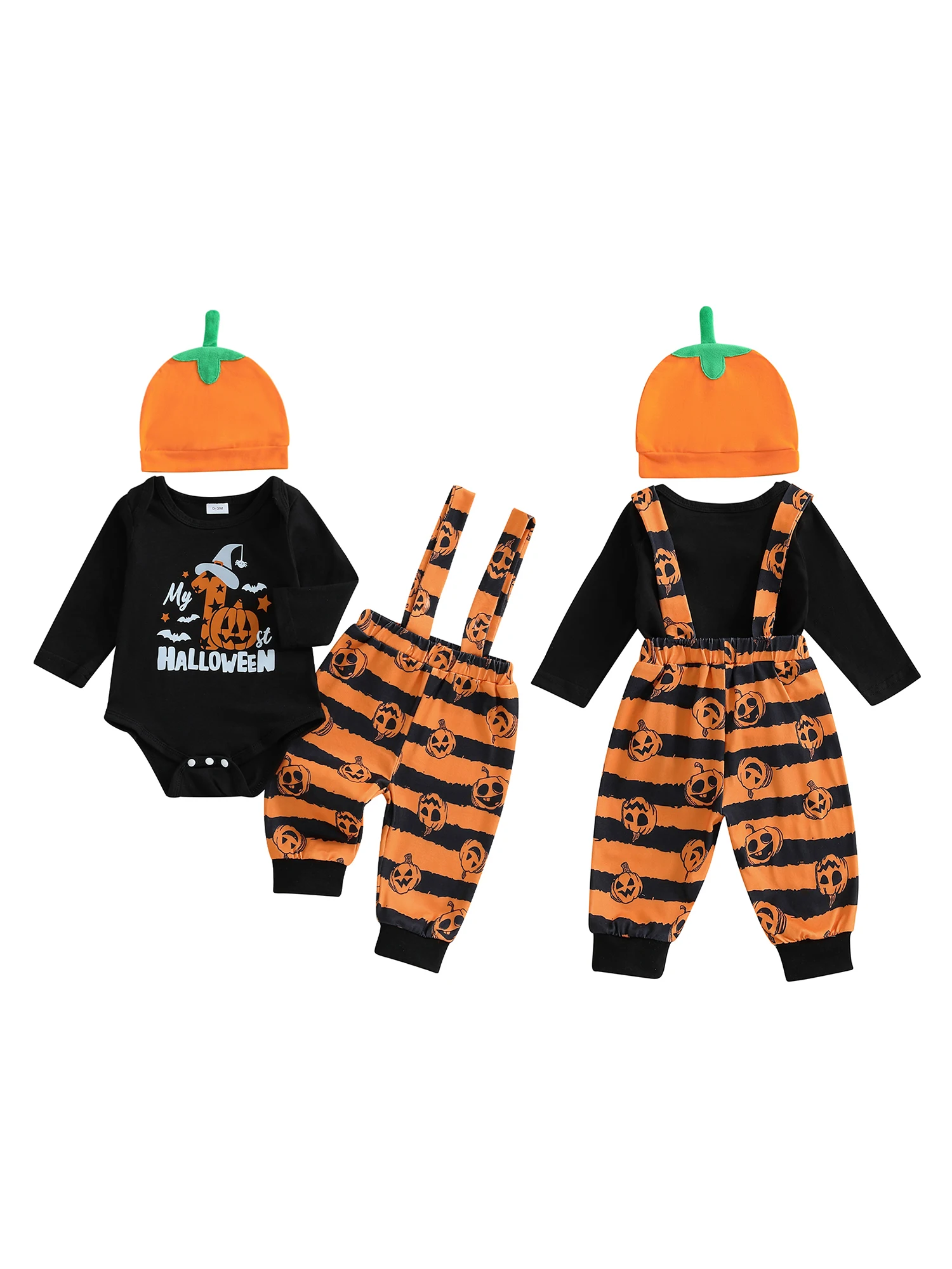 

Cute Halloween 3-Piece Outfit Set with Ghost Print Romper Striped Suspender Pants and Witch Hat for Baby Boys and Girls