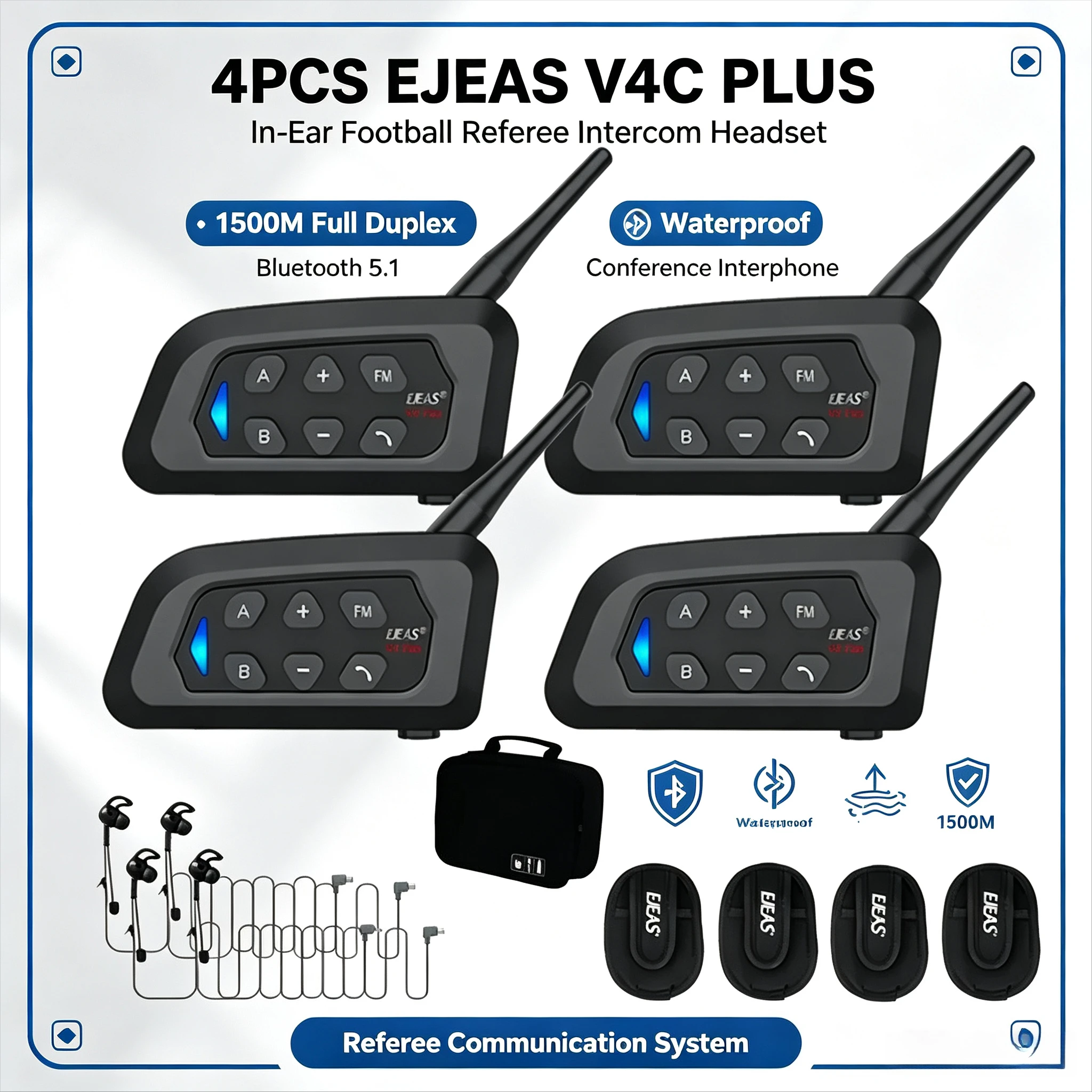 4PCS EJEAS V4C PLUS In-Ear Football Referee Intercom Headset 1500M Full Duplex Bluetooth 5.1 Conference Interphone Waterproof