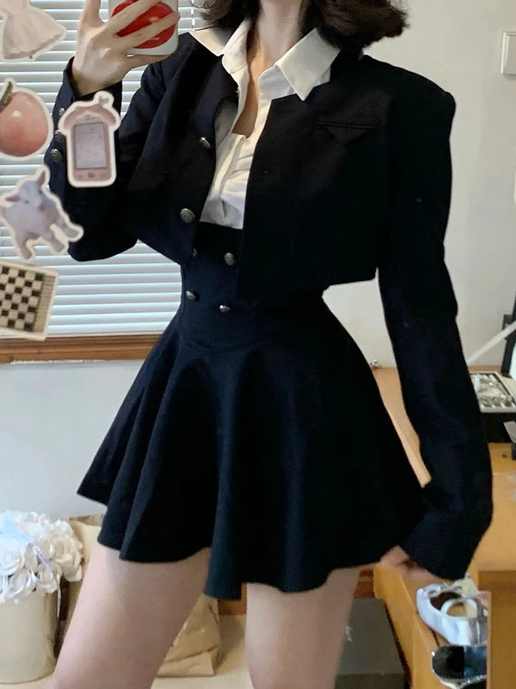 

Spring Autumn JK Uniform School Style Set Women's Pleated Shirt Short Jacket High Waist Overalls Three Piece Suit Fashionable