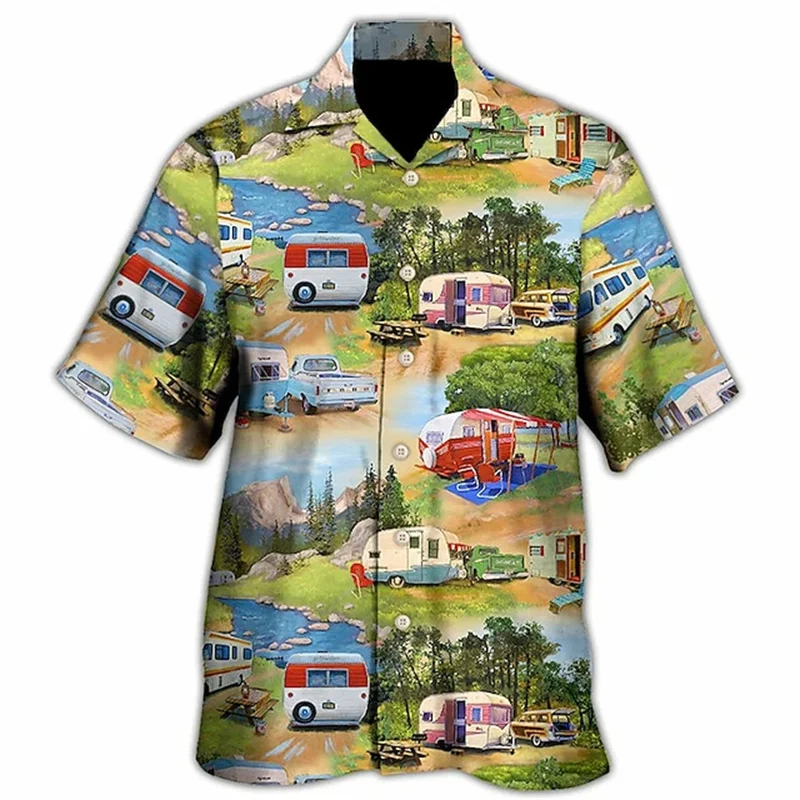 Men's Retro RV Printed Shirt Campsite Printed Shirts Men's Breathable Button Shirt Summer Lapel Shirt Men's Short Sleeved Shirts