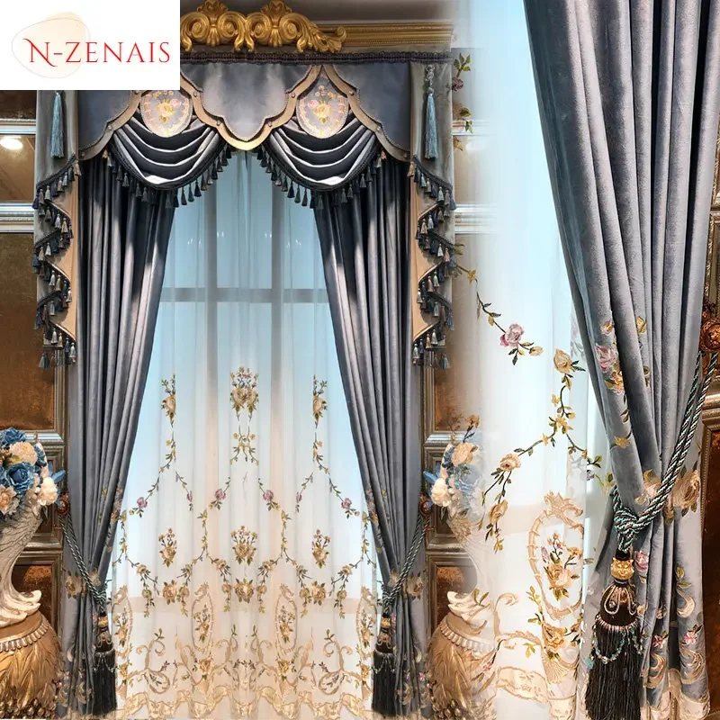 European Style Green Valance Embroidered Tulle Luxury Curtains for Living Room Dining Bedroom Blackout Sheer Custom Elegant Lace