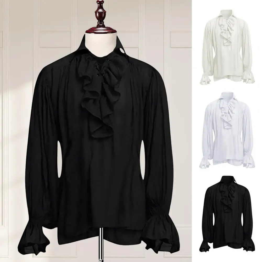 Mens Shirt Renaissance Victorian Steampunk Gothic Ruffled Medieval Halloween Costume Clothing Chemise Cosplay Top Party