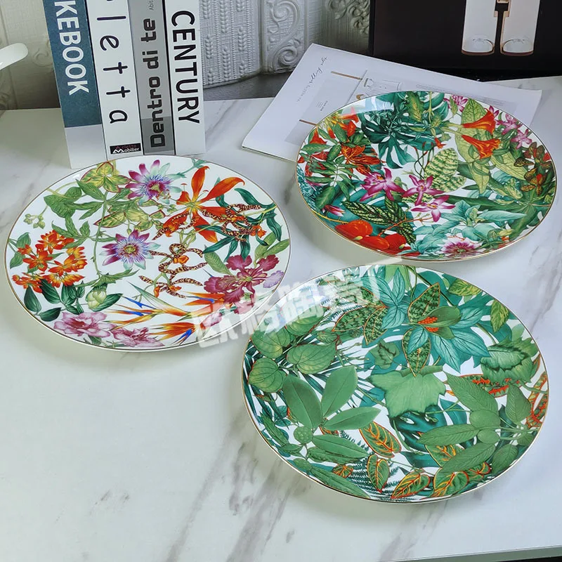 

Gold Trim Ceramic Dinner Plates Tropical Rainforest Design Salad Steak Plate Set Creative Dessert Bowls Tableware