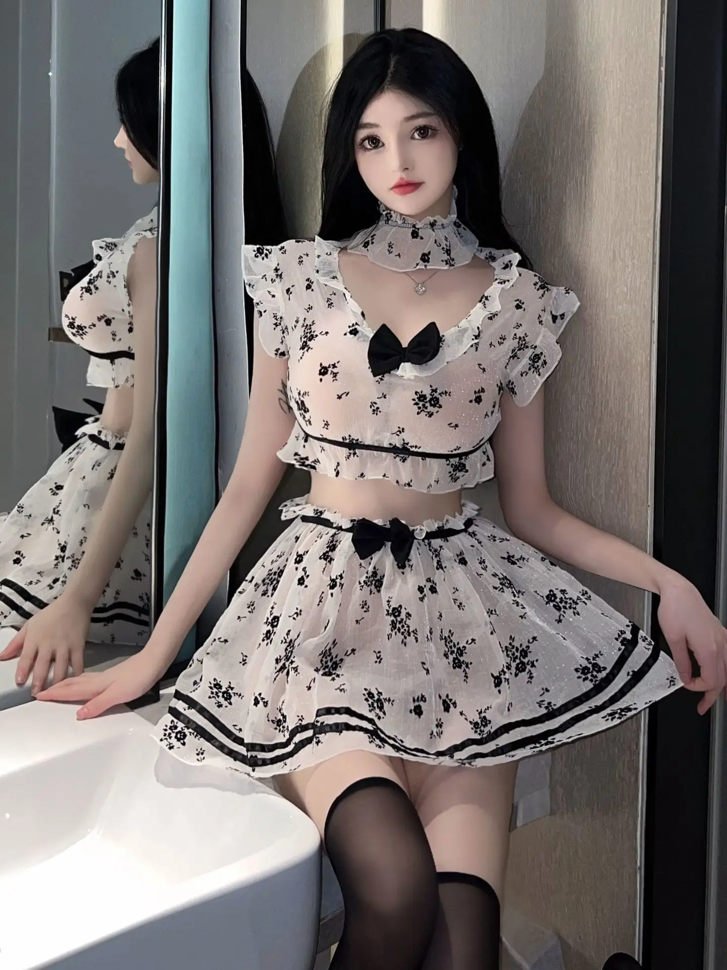 Sexy Cute Bow Two Piece Set Short Flower Print Transparent Sweet Women Summer New Bubble Cute Chest Wrapping V-neck White Y5GR