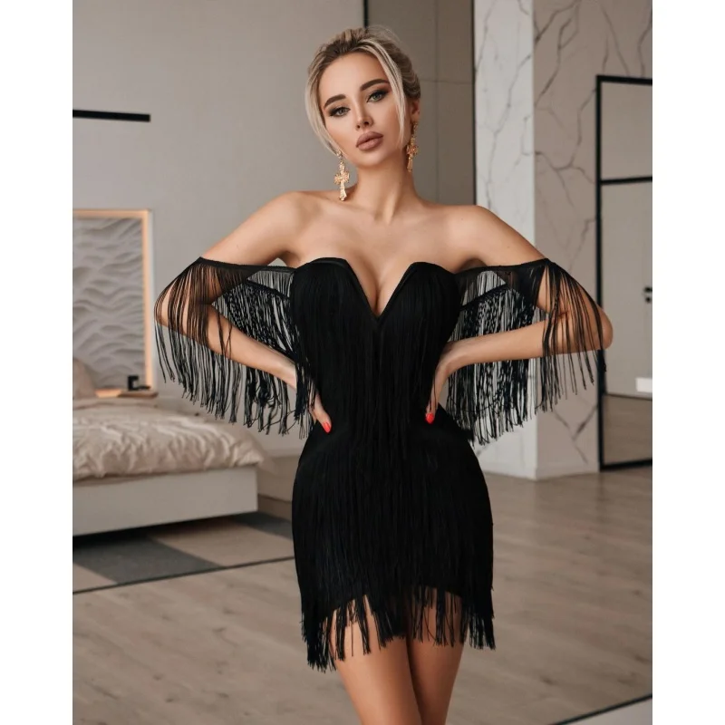 Aliexpress Hot Sale Black Red White Bandage Tassel Tube Top Off Shoulder Sexy Tight Dress Nightclub Party Dress