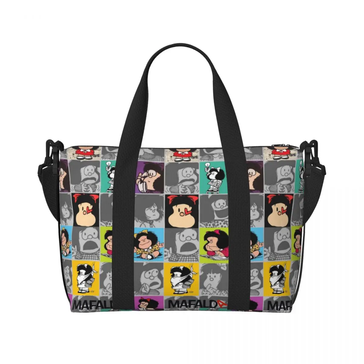

Custom Mafaldas Cartoons Comics Beach Tote Bag for Women Large Compartment Beach Gym Travel Bags