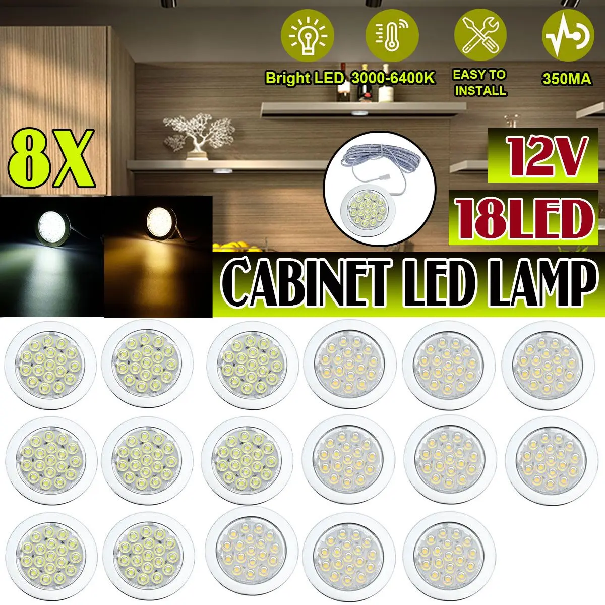 2/4/6/8PCS 12V White/Wram White 18 LED Spot Light Cabinent Lamp Down Light Caravan Camper Trailer Car RV Interior Light