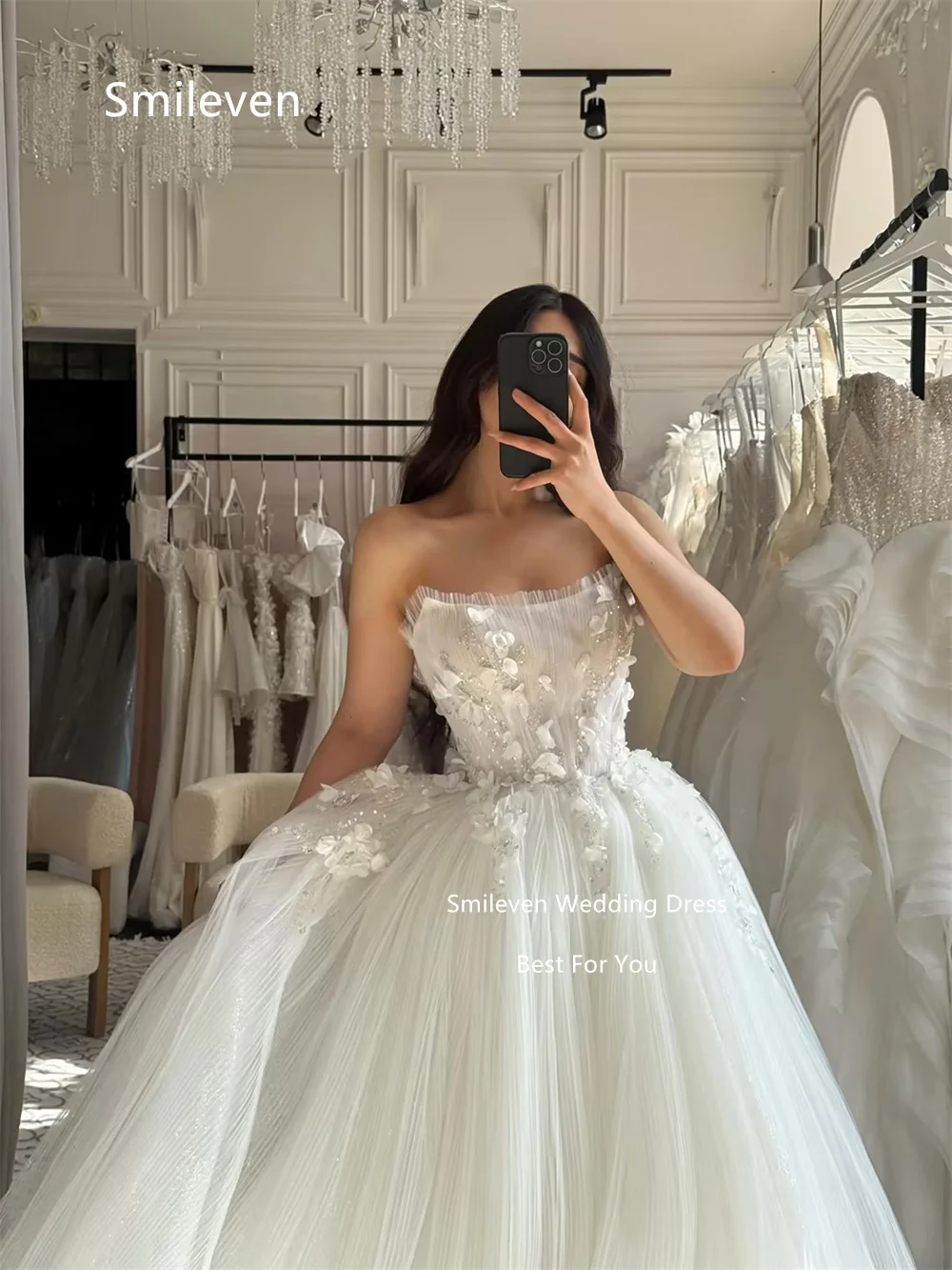 Smileven White Tulle Ballgown Wedding Dresses Strapless Bridal Dress 3D Floral Beading Corset Bodice Gowns Customized  2026