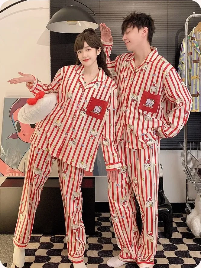 

Hello Kitty Couple's Milk Cotton 2-Piece Pajama Set Fall Winter Long Sleeve Pants Polo Collar Plus Size Outdoor-Ready Loungewear