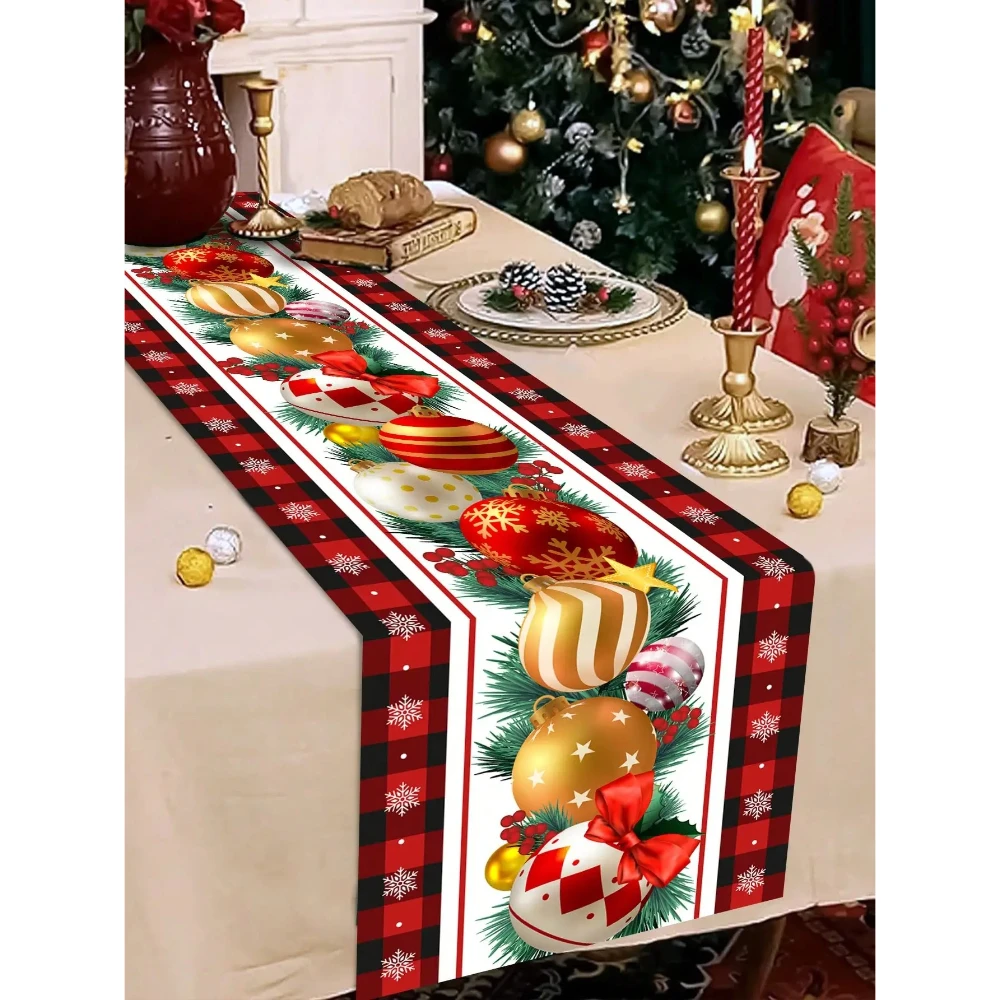 Christmas Theme Buffalo Plaid Linen Table Runner Party Decor Winter Xmas Balls Pine Needle Table Runners Christmas Decorations