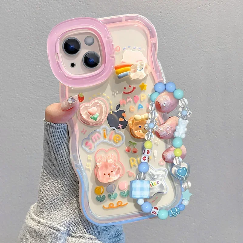 Funda con cadena de cuentas y soporte arcoíris 3D para iPhone 15 16 17 14 13 12 11 Pro Max Plus XS XR, con soporte y agarre 2