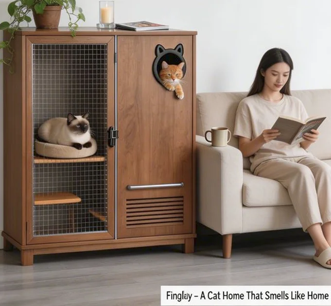 Eco-Friendly Quick Dry Cat Cage Hidden Litter Box Cabinet-2-in-1 Wooden Furniture-Style Enclosure Odor Control for Small
