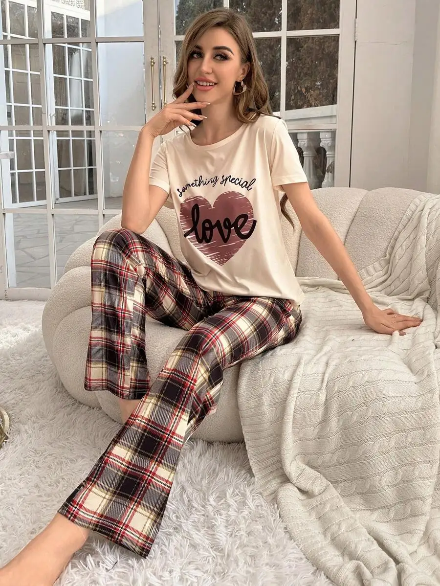 

Women's Cream Graphic Tee and Plaid Flare Pants Lounge Set
