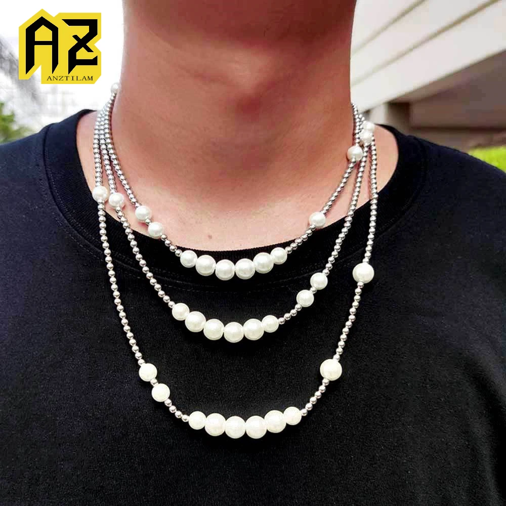 

Anztilam 8&10&12mm Pearl Chain 316L Stainless Steel Link Chain Necklaces For Women Men Chain Brass Zircon Hip Hop Jewelry