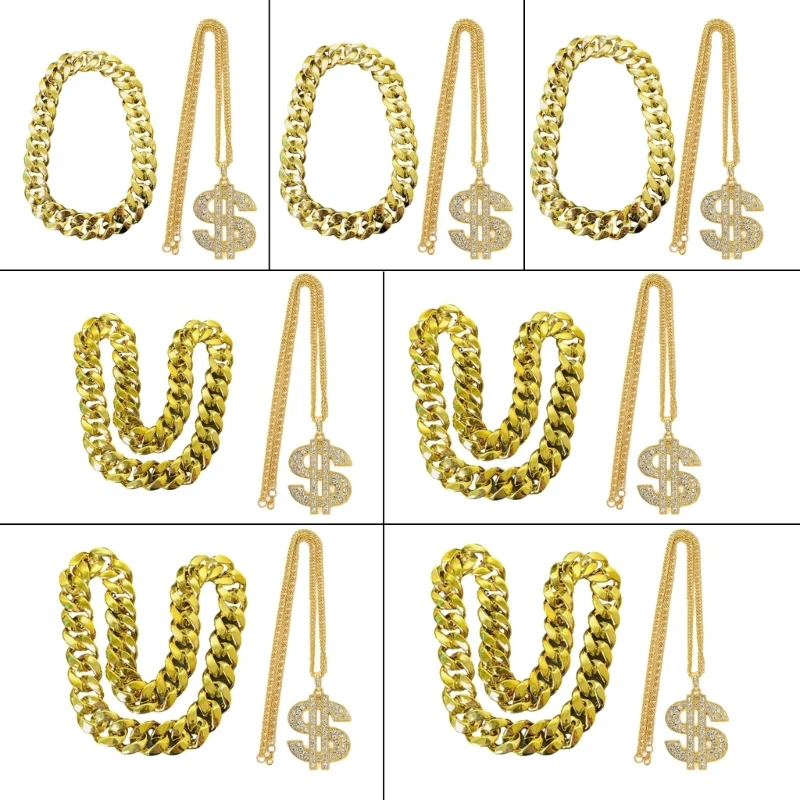 2 Pack Trendy Hip Hop Gold Chain Necklace Fashionable Rapper Chains Exaggerated Gold Chain CCB Material Gift for Rapper