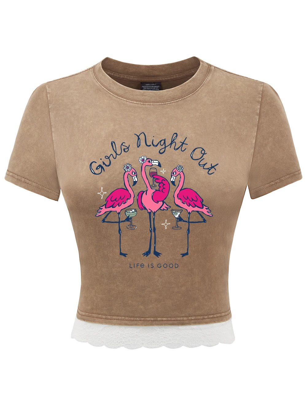 

Girls Night Out Printing Cotton Washed T-Shirt Womens Summer All-Math Lace Hem Crop Tees O-Neck Regular Fit Tops Sexy Clothes