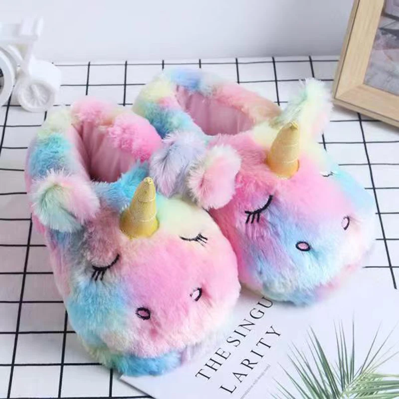 Women Cartoon Unicorn Winter Home Slippers Cute Plush Fluffy House Slides Girls Furry Flip Flop Fur Slides Cotton Indoor Shoes