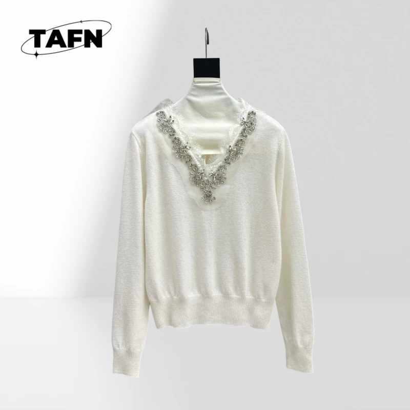 

25 Popular European and American Style Advanced Cashmere Warm Banquet Women's Sweater V-neck Fashion Simple High-End Personality