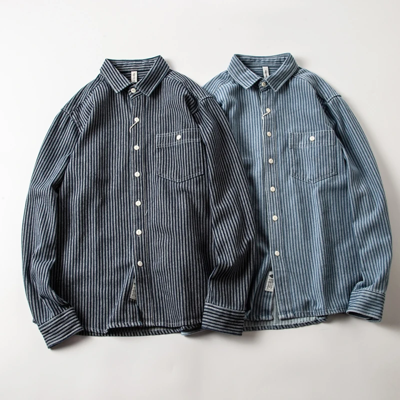 

Spring Autumn Loose Men's Long Sleeve Denim Shirt Pure Cotton American Casual Retro Trendy Brand Vertical Stripes Loose Fit S...