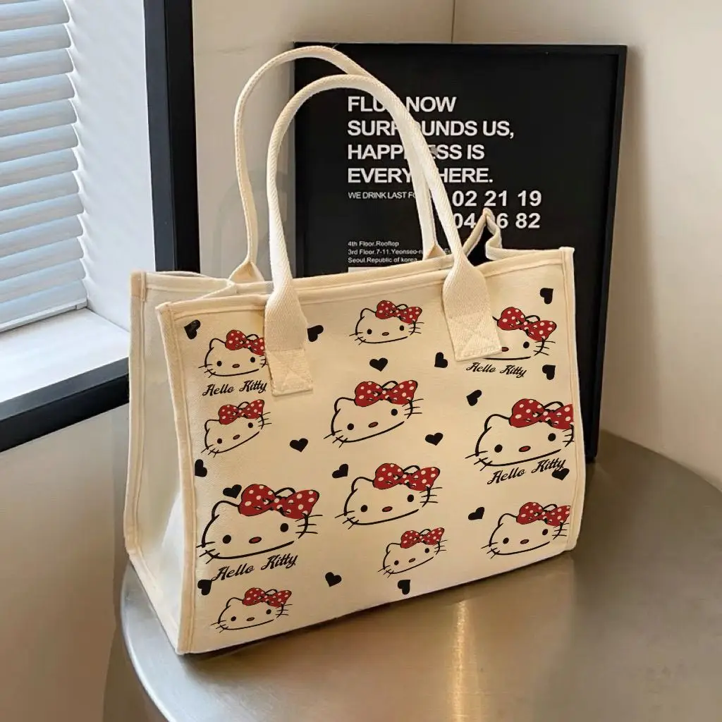

Kawaii Sanrio Hello Kitty Canvas Bag Cartoon Anime Kt Cat Large Capacity Storage Bag Toy Casual Handbag Shopping Bag Girls Gifts