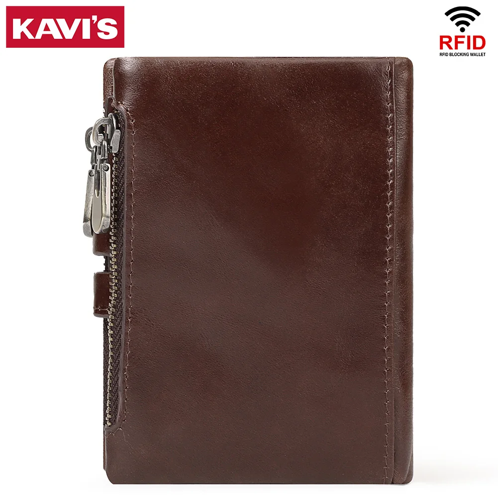 KAVIS Solid color double folding men's wallet, the first layer of cowhide, smooth and multi-card slot