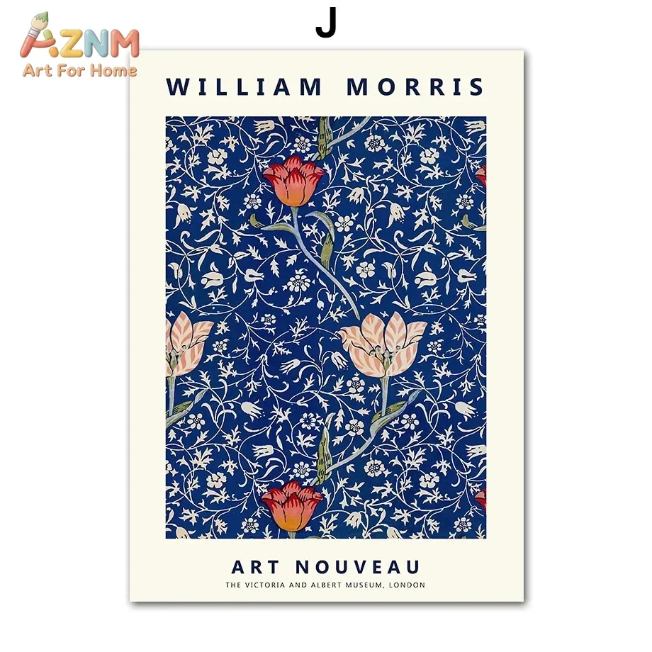 AZNM William Morris Blue Tulip Floral Canvas Wall Art Vintage Art Nouveau Botanical Pattern Print Unframed Canvas Painting For L