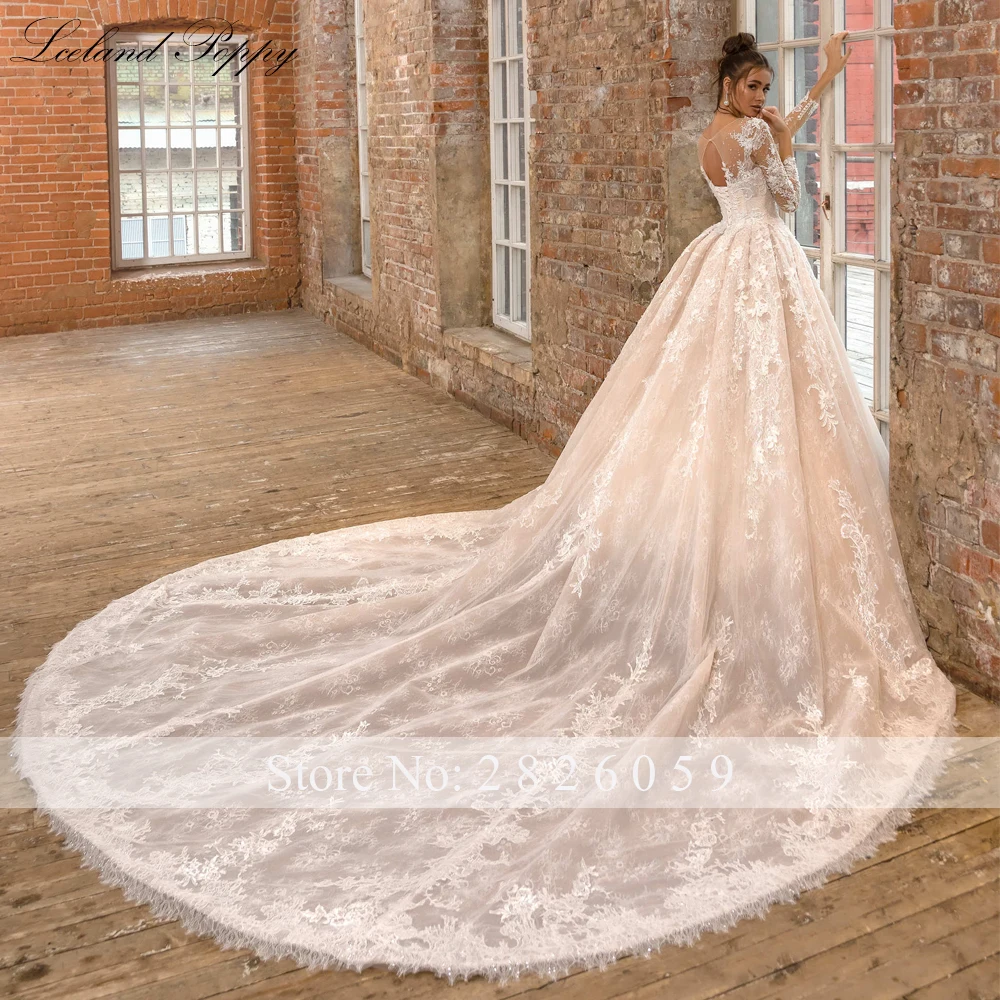 Lceland Poppy Customized Scoop Neck Ball Gown Lace Wedding Dresses Long Sleeves Beaded Bridal Gowns with Cathedral Train