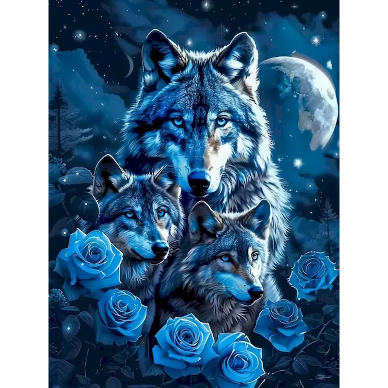Digital Oil Painting By Numbers The Noble Wolf And The Blue Roses Canvas Art Wall Decor for Game Room or Living Room Gift