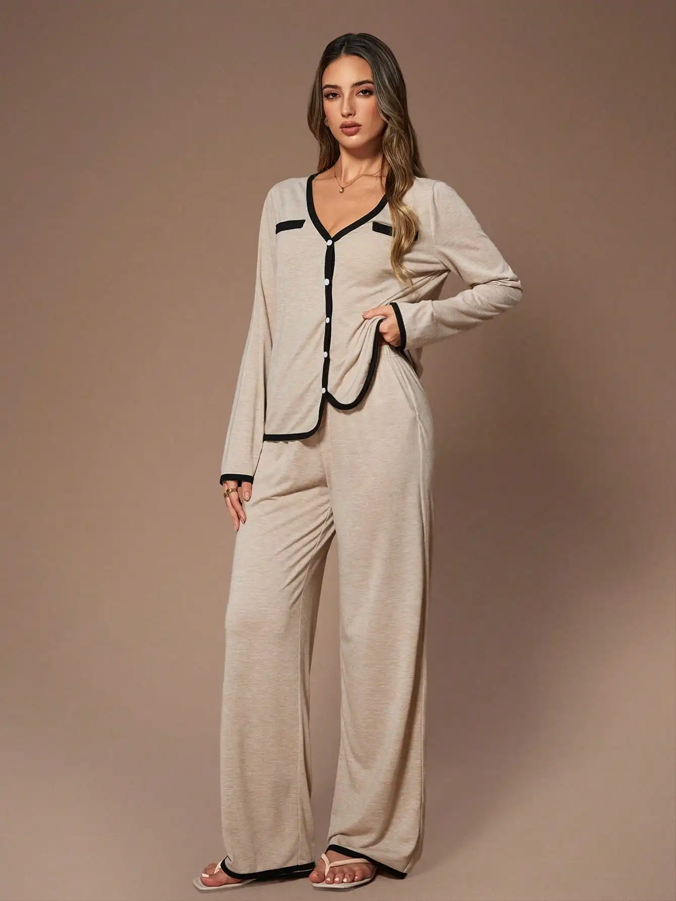 

Beige V-Neck Long Sleeve Contrast Trim Lounge Set with Wide Leg Pants