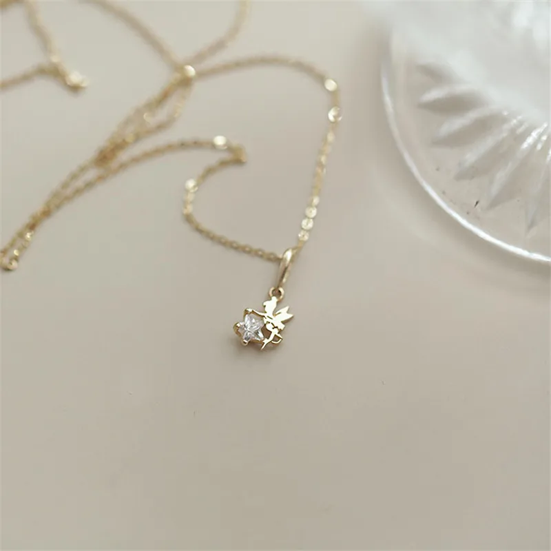 Playful Cute Shiny Star Zircon Elf Necklace for Women Korean 925 Sterling Silver 14k Gold Plated Clavicle Chain Jewelry