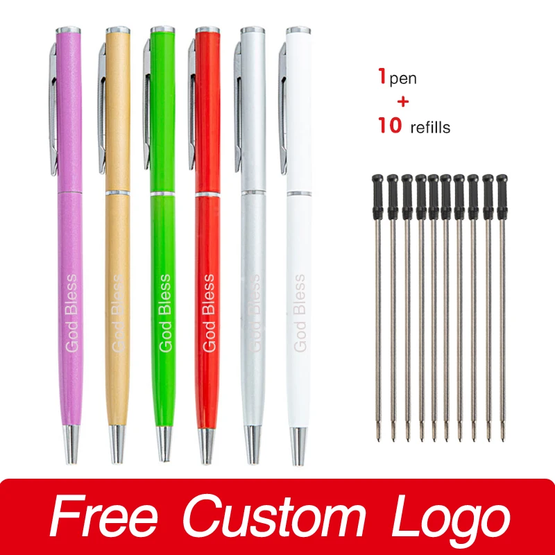 1 Pen + 10 Refills Custom LOGO Metal Ball Point Pens Simple Multicolor Personalized Gift Advertising School Office Stationery