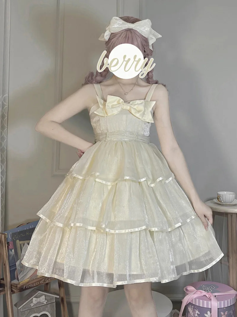 Design original damasco lolita vestido querida jsk cinta vestido 2025 novo em camadas plissado sem mangas vestido de verão