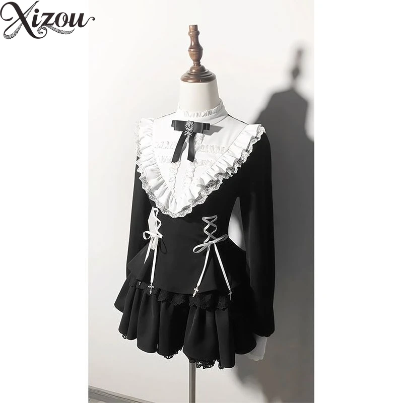 

Japanese Punk Lolita Y2k Mine Goth Strap High Waist Bow Lace Splicing Slim Dress Shorts Two-piece Set Women Female Party Spring
