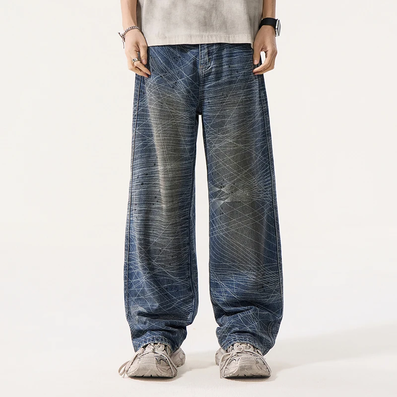 American Style Washed Vintage Line Printting Men's Blue Jeans High Street New Loose Casual Denim Wide Leg Long Pants