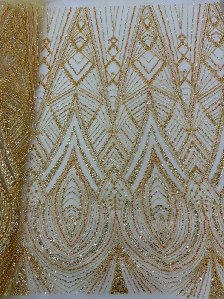 

Elegant Nigerian African Groom Beaded Lace Fabric High Quality French Tulle Sequins Lace Fabric For Evening Dress 5 Yards
