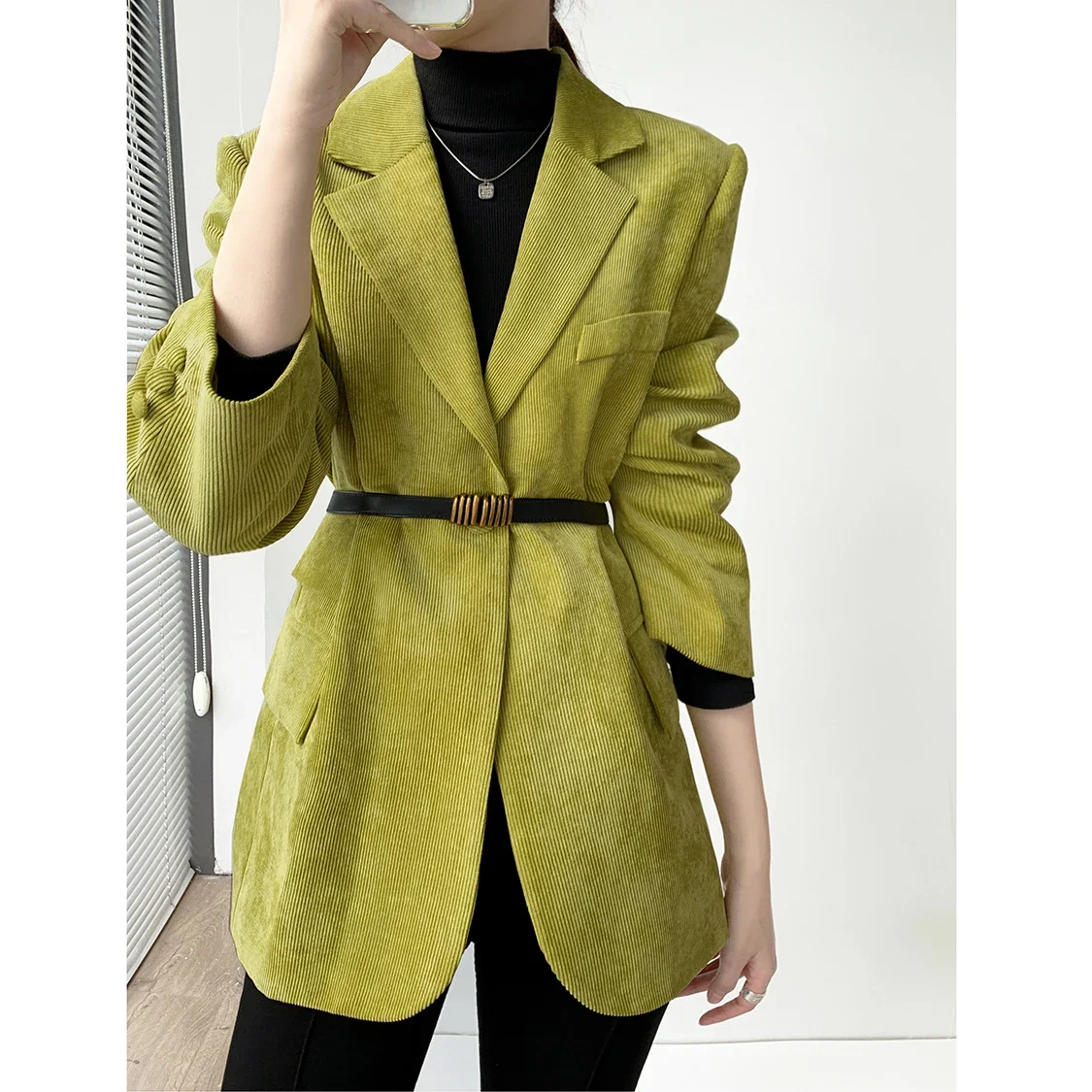 Green Corduroy Suit Jacket Women Spring Aututmn 2024 New Winter Korean Oversized Blazer Jacket Chic Solid Outwear Blaser