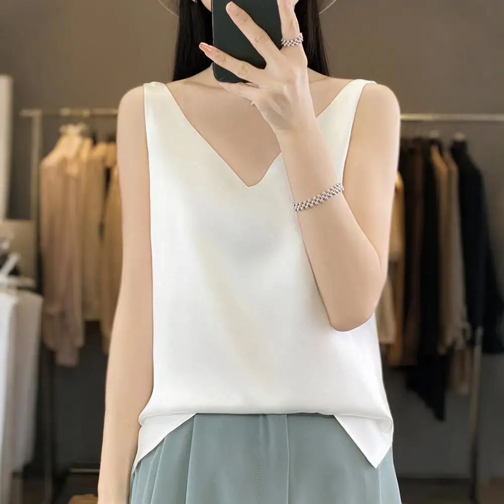 Damen-Weste, V-Ausschnitt, ärmellos, einfarbig, Tanktops, lockere Passform, glatter Satin, Oberteile für den täglichen Gebrauch, vielseitig einsetzbar