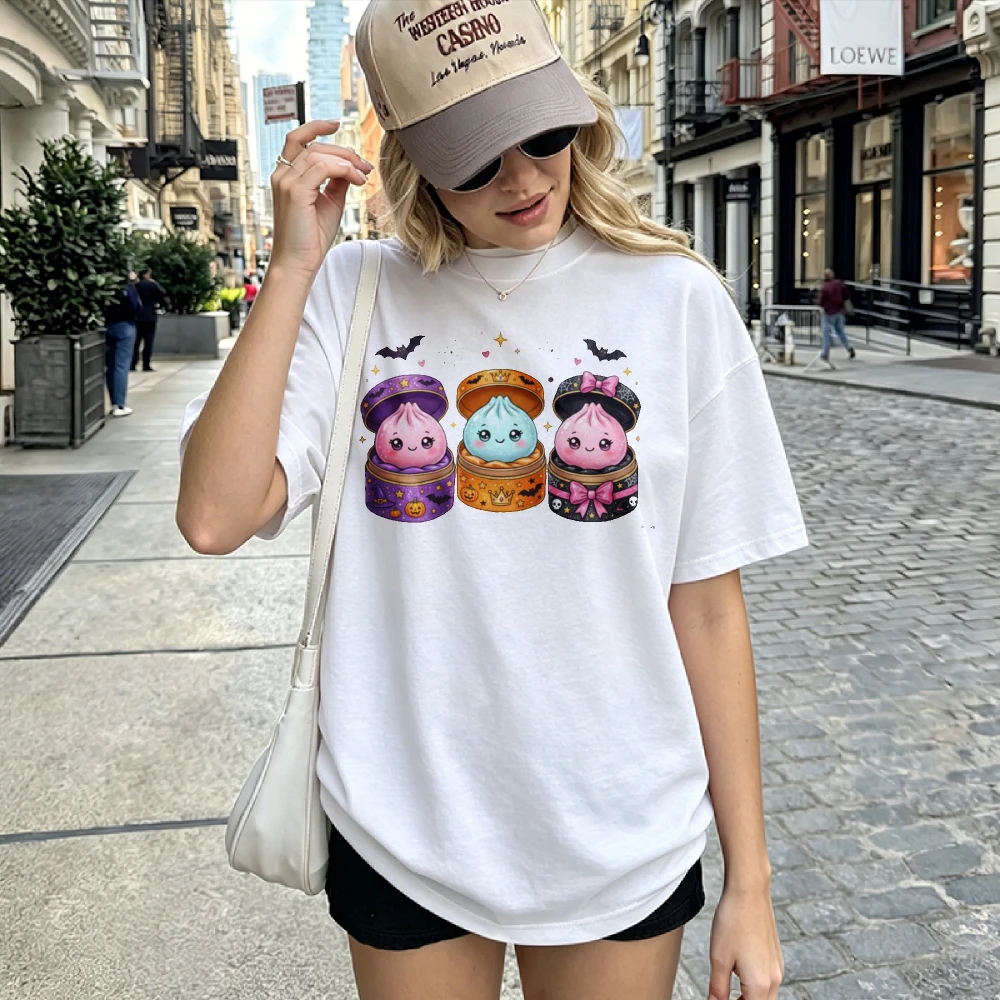 Halloween Cute Dumpling Bao in Gift Box Graphic T Shirt Kawaii Colorful Steamed Bun Cartoon Bat Pumpkin Bow Print Gift Top Tees