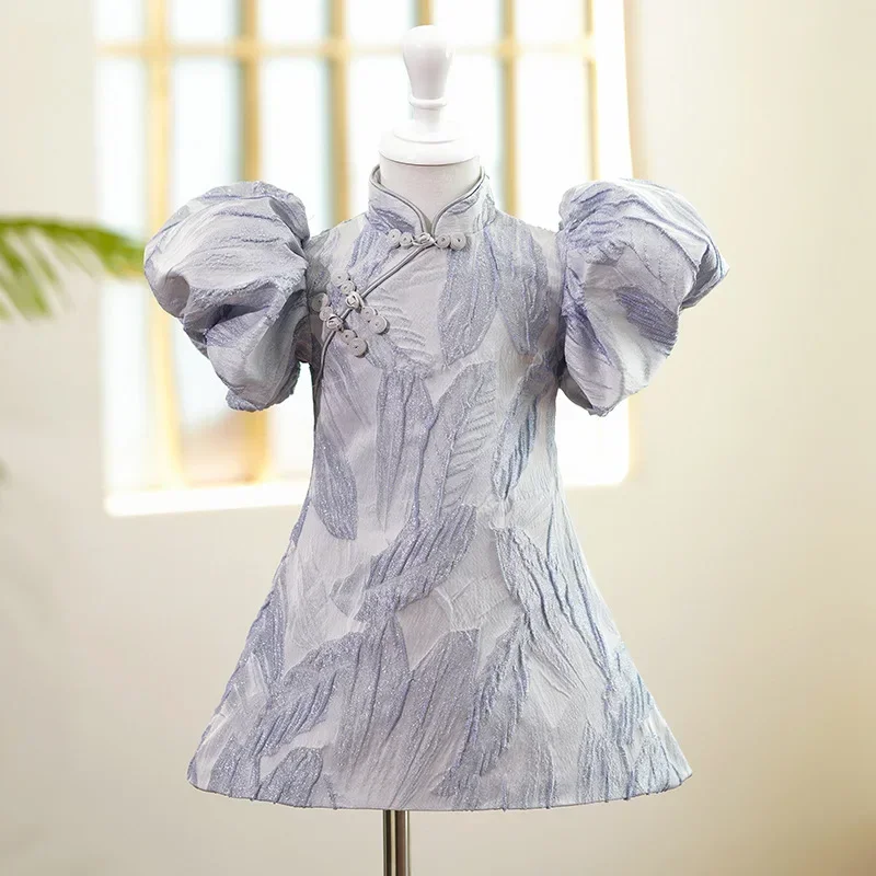 Children's cheongsam summer Chinese style little girl host costume Puff Sleeve Print Dresses For Kids Baptism Birthday Party